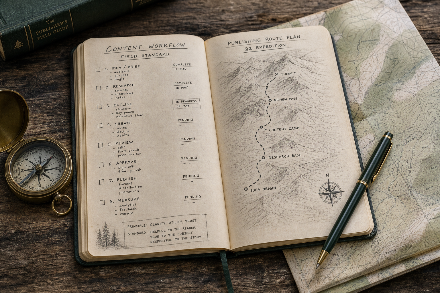 Field notebook with publishing workflow checklist and route planning documents