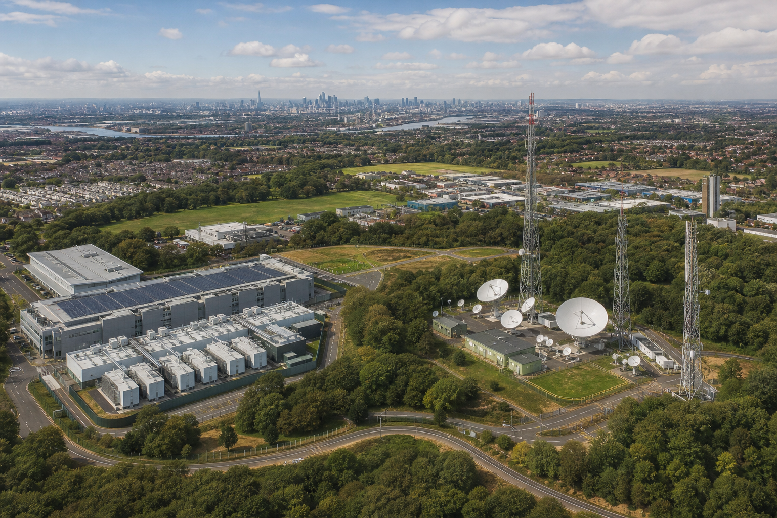 Aerial view of publishing and media distribution infrastructure across UK landscape