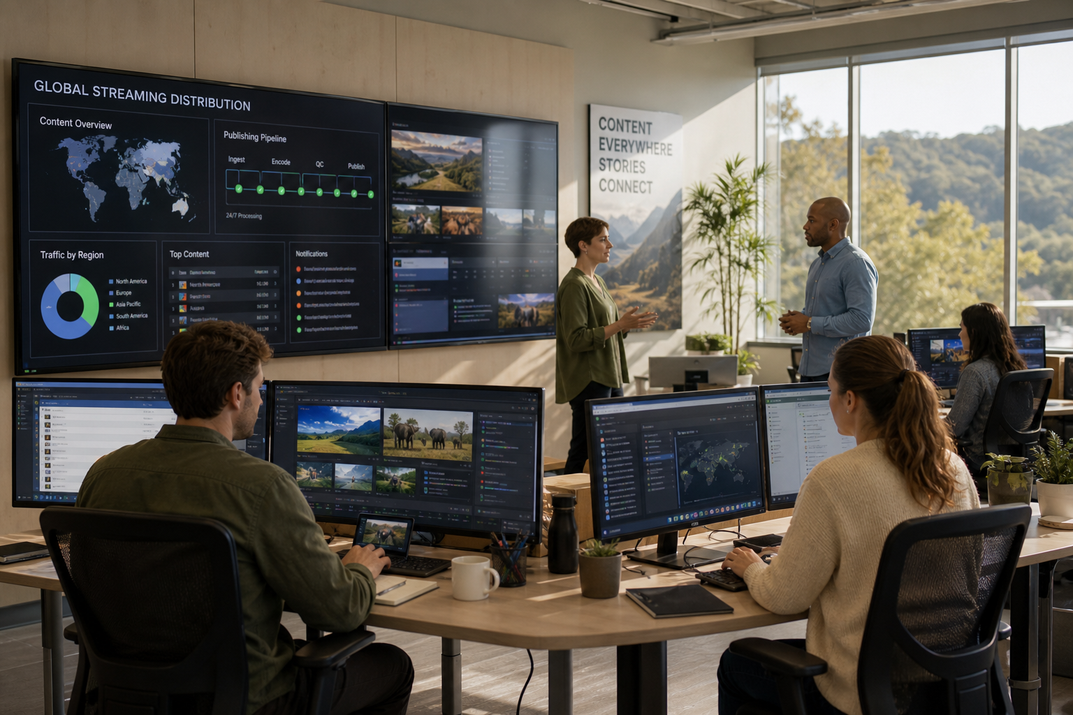 Media streaming distribution coordination across multiple content delivery screens