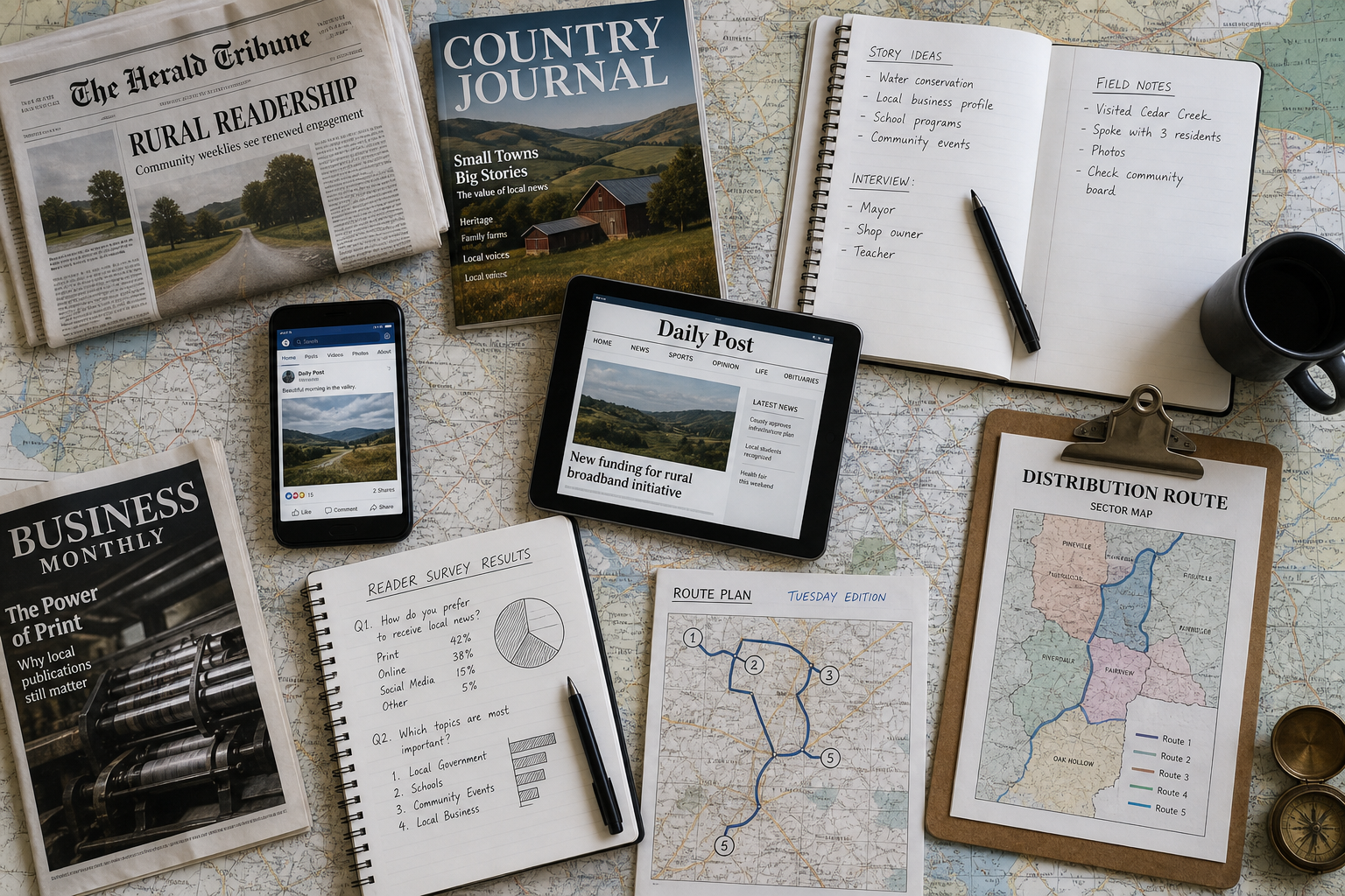 Top-down view of content publishing workflow planning table